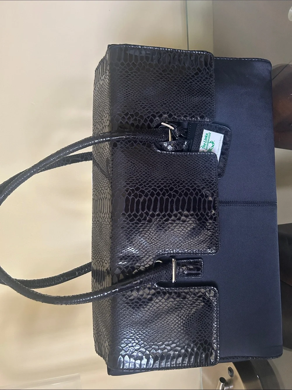 Men's Black Tote Bag with Green Lining